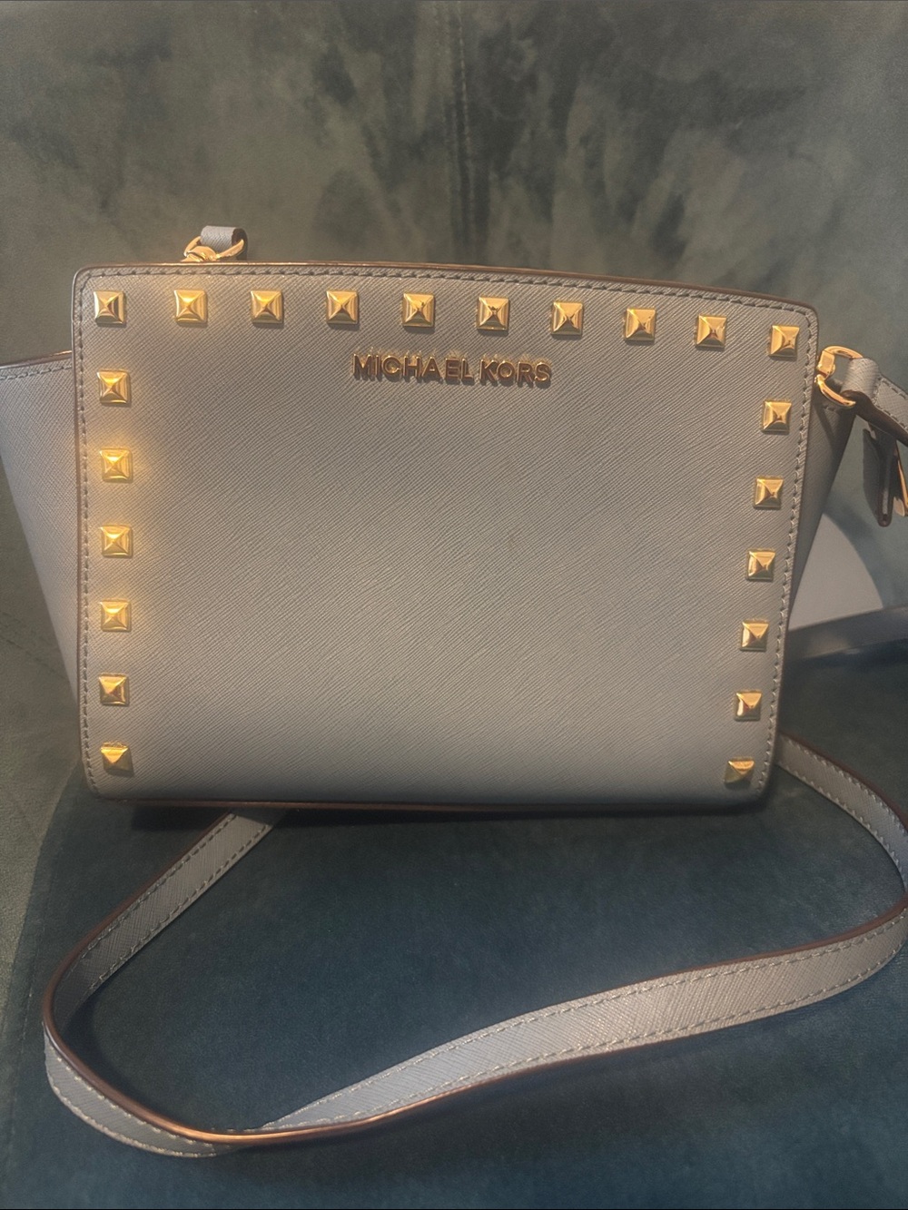 Michael Kors Blue Saffiano Crossbody with Gold Studs